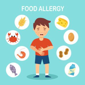 Boy kids having food allergy symptom to products like seafood, gluten, egg